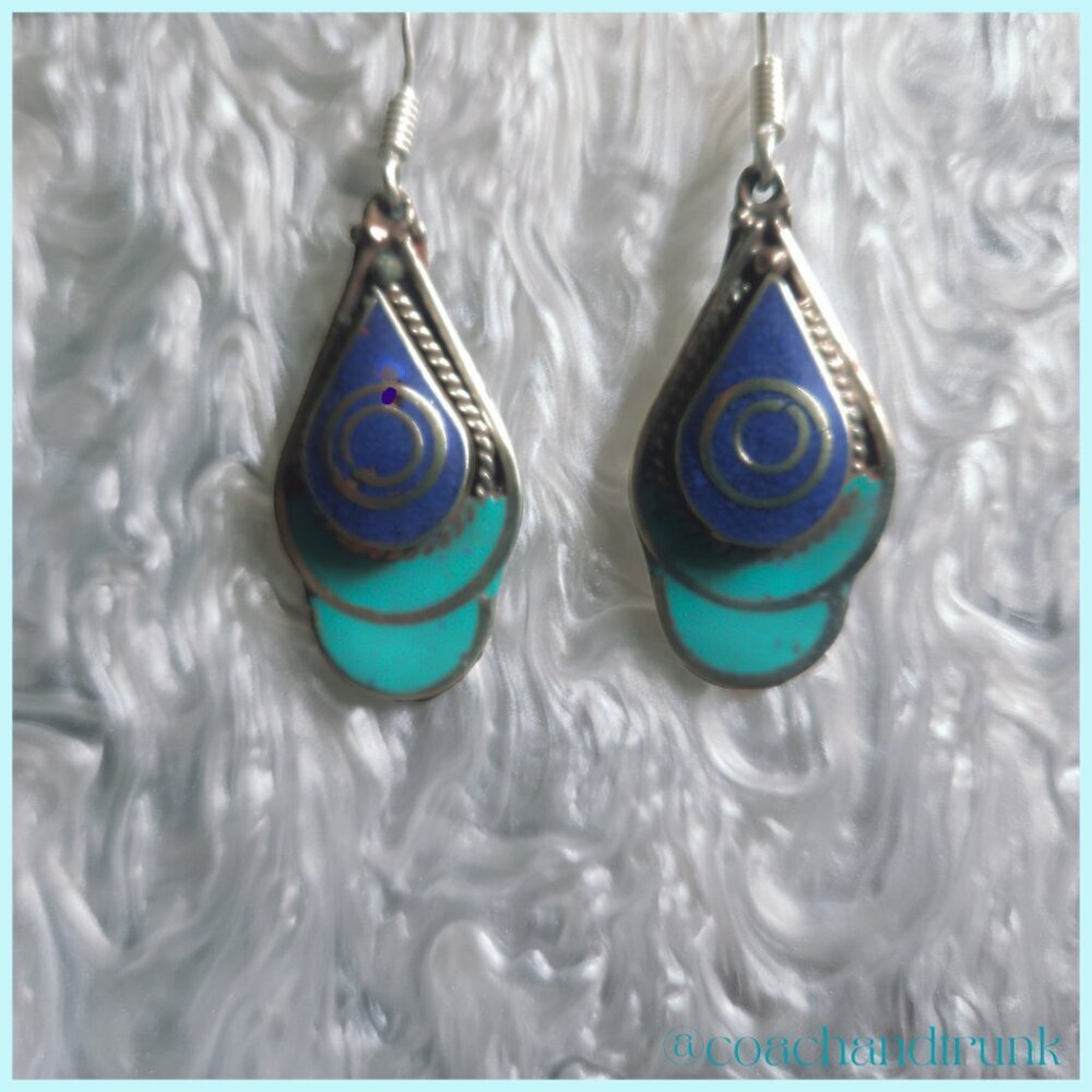 ARTISAN Lapis Lazuli Turquoise Silver Tear Drop French Hook Earrings - Picture 3 of 4